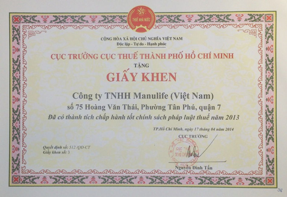 Manulife Vietnam praised for fulfilling tax obligations in 2013